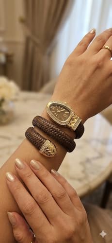 Image of Snake Wrap Watch for Women | Gold Plated Stainless Steel Bracelet Watch | Brown Leather Strap | Quartz Analog | Crystal Accent Dial