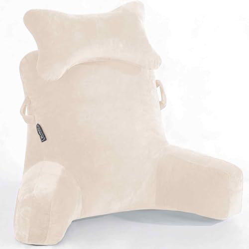 Reading Pillow-Extra Large 31" Bed Rest Pillow with Detachable Neck Roll & Arms for Sitting in Bed or Couch-Backrest Reading Pillow Adult Back Pillows for Reading/Watching TV/Gaming/Relaxing-Beige