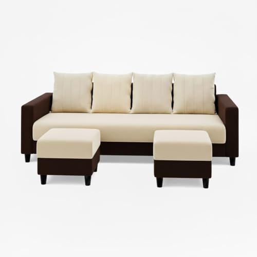 Image of Strikon Plush 6 Seater L Shape Sofa Set with 2 Movable Ottoman | Flexible Layout |Silken Velvet Suede | Designer Sofa for Living Rooms & Office Spaces (Cream & Dark Brown)