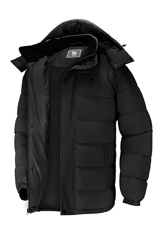 CAMELSPORTS Mens Winter Coats Warm Jacket with Detachable Hood Water-Repellent Windproof Parkas Casual Jackets Black XL