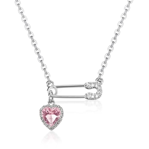 Image of Safety Pin Necklace With Colorful Heart Charm Silver Plated Choker Necklace for Women Girls, Adjustable Paperclip Necklace, Crystal Heart Necklace Dainty Love Heart Necklace Women Birthday Gift