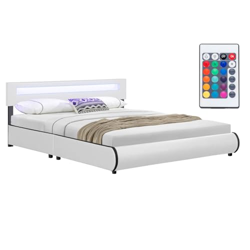 Juskys Polsterbett Sevilla 180x200 cm mit LED Beleuchtung, Lattenrost & Kopfteil - Holz & Kunstleder - 16 Farbeinstellungen & Fernbedienung - Bett Bettgestell Doppelbett - Weiß Juskys Polsterbett Sevilla 180x200 cm mit LED Beleuchtung, Lattenrost & Kopfteil - Holz & Kunstleder - 16 Farbeinstellungen & Fernbedienung - Bett Bettgestell Doppelbett - Weiß