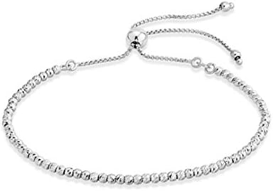 Miabella 925 Sterling Silver or 18Kt Gold Over Silver Diamond-Cut Adjustable Bolo 2.5mm Bead Bracelet for Women, Handmade Italian Beaded Ball Chain Bracelet (sterling silver)