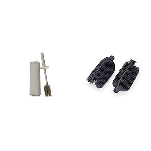 Joseph Joseph Flex 360, Advanced Smart Toilet Brush and Storage Holder Set with anti-drip, anti-clog, triple-action replaceable brush head- Matt Finish, Ecru + Replacement Heads