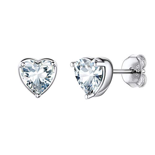 Women 925 Sterling Silver 6mm Heart Stud Earrings White Diamond Crystal Cubic Zirconia CZ April Birthstone Earring Studs Hypoallergenic Earring for Sensitive Ears