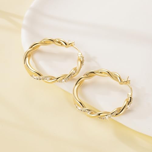 ENROSE Gold Hoop Earrings 14K Gold Earring for Women Twisted Large Hoop Earrings Minimalist Diamond Earring Jewelry 29mm*4mm4