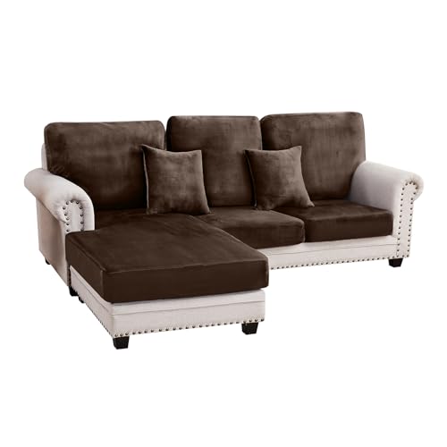 Image of Stretch Silver Fox Velvet Sectional Couch Covers - 3-Piece Sofa Cushion Covers for Left /Right L-Shaped Chaise, Soft and Comfortable Slipcovers for Sectional Sofa(2 Seater + 1 Chaise,Coffee)
