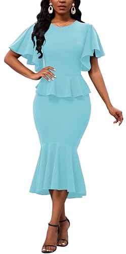 Image of Womens Summer Ruffle Short Sleeve Fishtail Dress Evening Cocktail Formal Peplum Midi Mermaid Dresses Elegant