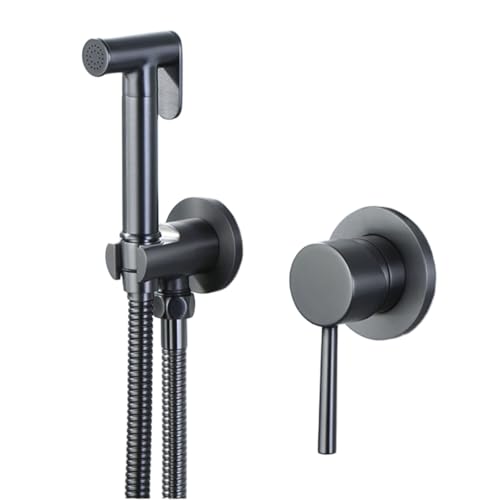 Ducha Higienicas para WC, Grifo Bidet Para Wc de Latón Mano Agua de Fría y Caliente, Kit de Ducha Bidet con Manguera Acero Inoxidable de 150cm, Pulverizador de Bidé Portátil para Inodoro, Gris Pistola