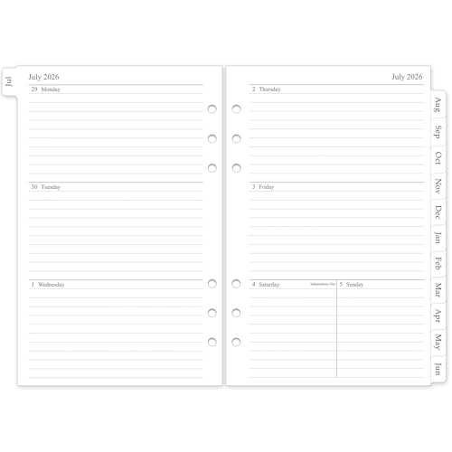 2026-2027 Weekly & Monthly Planner Refill A5 Medium Planner Inserts for 6 Holes 5.5x8.5 July 2026 - June 2027 12 Monthly Calendars with Laminated Tabs 6-Hole Punched