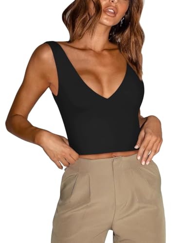 Yxbsalal Women's Sexy V Neck Crop Tops Trendy Double Lined Tank Tops Going Out Plunge Deep V Neck Sleeveless Basic Top Black S