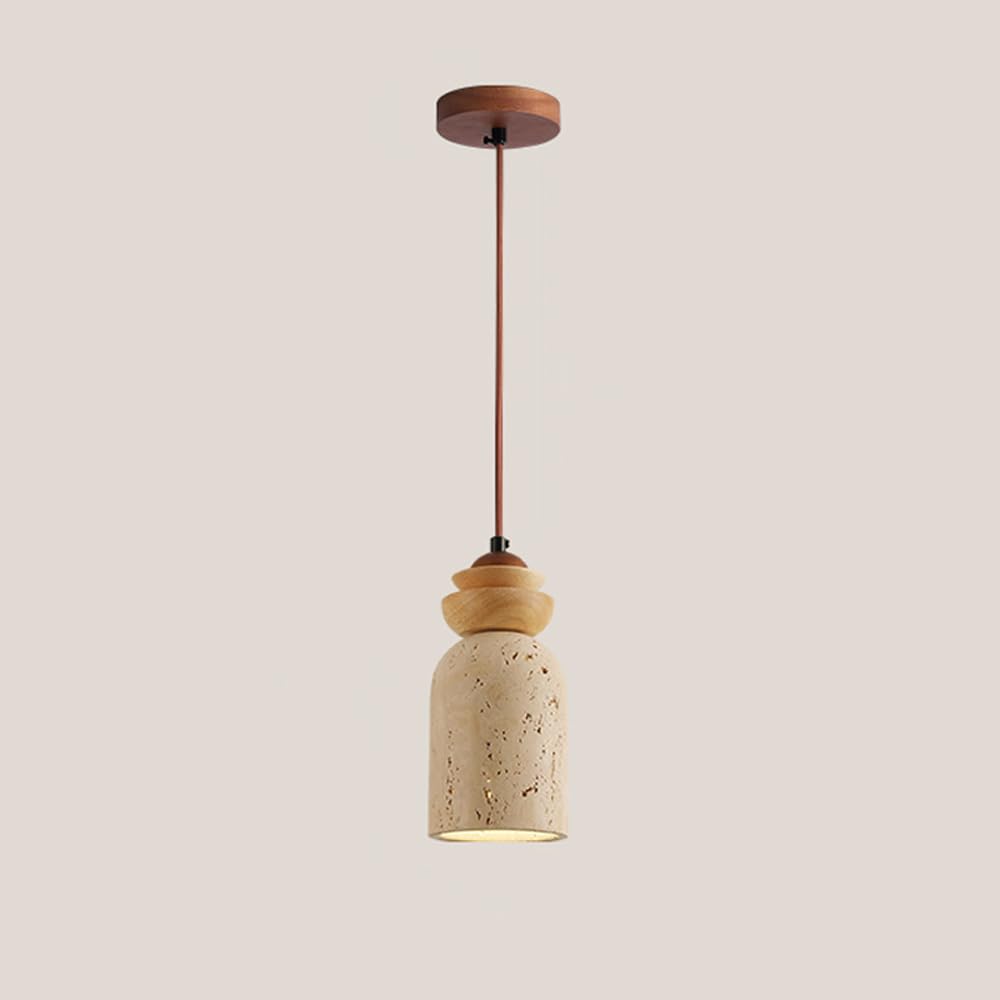 HUAYUSEDF Minimalist Bedroom Wood Pendant Light Fixture Vintage Natural Stone Kitchen Hanging Lamp Mid Century Modern Cylindrical Yellow Travertine Small Chandelier for Living Room Farmhouse Dining