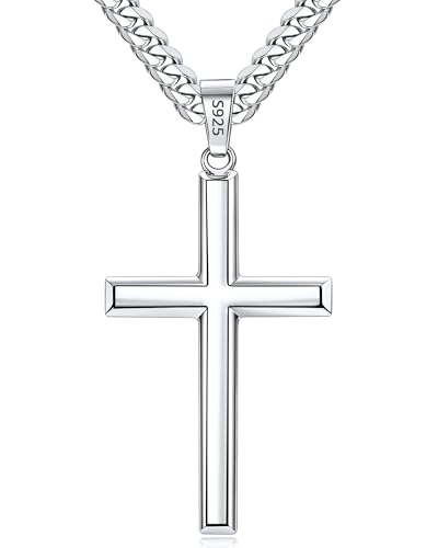 GEMAZE 925 Sterling Silver Cross Necklace for Men Silver Cross Pendant with 4mm Silver Cuban Chain for Men Mens Cross Necklaces Silver Cross Chain Necklace for Men 20 Inches