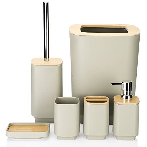JOTOM Bamboo Bathroom Accessories Set of 6 Modern Design 6 Pieces Bathroom Accessory Set Soap Dispenser Toothbrush Holder Tooth Mug Soap Dish Toilet Brush Rubbish for Bathroom Home Decor (Beige)