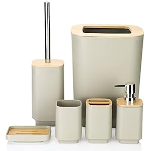 JOTOM Bamboo Bathroom Accessories Set of 6 Modern Design 6 Pieces Bathroom Accessory Set Soap Dispenser Toothbrush Holder Tooth Mug Soap Dish Toilet Brush Rubbish for Bathroom Home Decor (Beige)