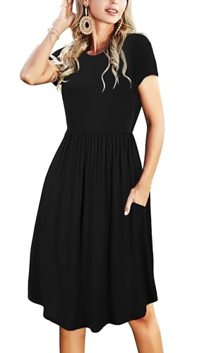 Image of Simier Fariry Women Summer Short Sleeve Pocket Knee Casual Dress Knit Hide Belly Tummy Church Funeral Travel Teacher Outfit Black XXL