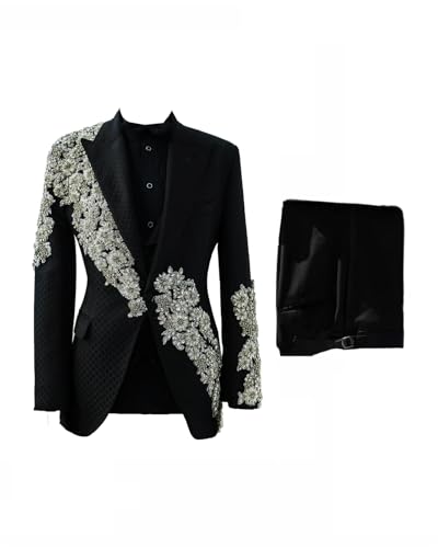 Men's Beads Suit 2 Piece Slim Fit Luxury Sequins Floral Tuxedo Prom Suits for Wedding Party Prom Peaked Lapel