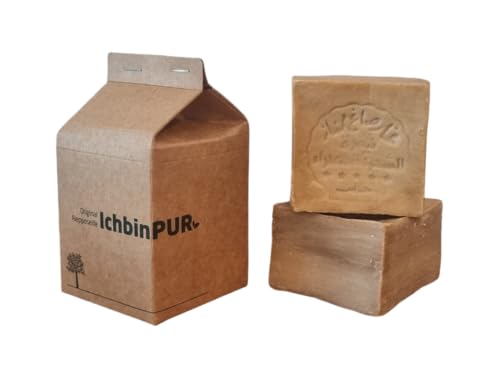 IchbinPUR – Original Aleppo Seife Doppelpack (2x150g), 100% Olivenöl, traditionelles Rezept, Haarseife, Duschseife, Handseife, Naturseife, Savon d‘Alep, Plastikfrei