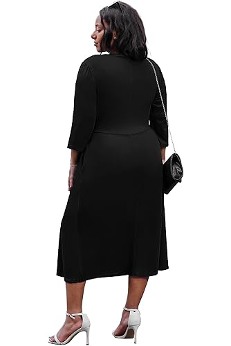 Nmoder Women's Plus Size Stretchy Flared Wrap Dress Casual Wedding Guest Midi Dresses V Neck 3/4 Sleeve A-Line Swing Dress2