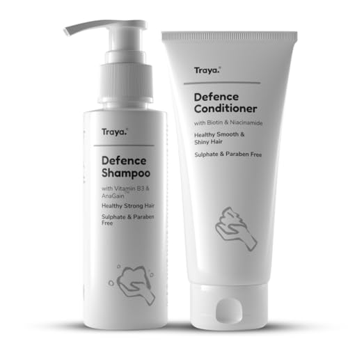 Image of Traya Defence Shampoo & Conditioner - Ayurvedic Hair Care | Shampoo with Vitamin B3 & Pea Protein + Conditioner with Argan Oil & Biotin