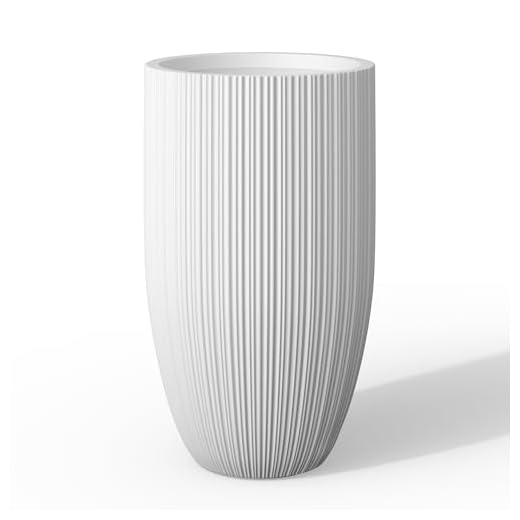 Kante 24 Inch Tall Round Concrete Planter, Large Indoor Outdoor Plant Pots with Drainage Hole and Rubber Plug, Modern Decorative Garden Pots for Home Patio Porch, Textured White