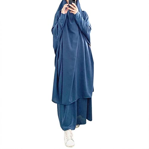 RUNYN Women's Muslim Robe Two-Piece Loose Muslim Dress with Hood Islamic Prayer Clothing Long Sleeve Turkish Robe with Turban for Ethnic, Bridal, Evening, Party, Blau, One Size Plus