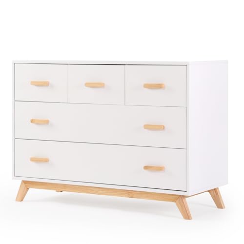 dadada Soho 5-Drawer Dresser for Nursery and Bedroom - Modern Design, Large Storage, Baby-Safe Finish, Soft Close Drawers, Anti-Tip Safety, Sturdy Legs & Solid Wood Handles, 47” Wide (White+Natural)