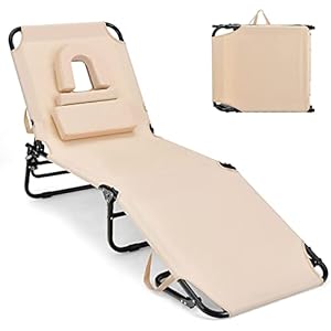 Giantex Chaise Folding Chair Adjustable Beach Patio Lounge Recliner, Beige