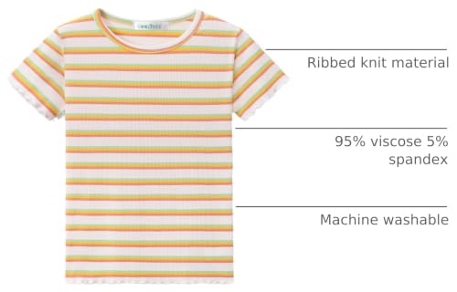 Image of Girls Striped T-Shirt Lettuce Trim Short Sleeve Top Size 6-16 | Soft stretch ribbed knit fabric, breathable blouse,summer outfit for big girls & teen, for school, party and daily activity