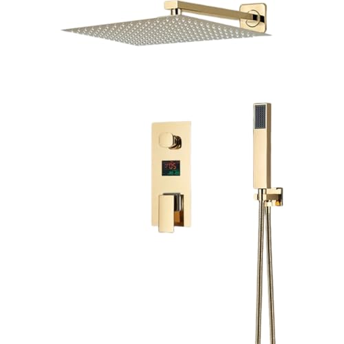 Système de douche numérique LCD avec ciel de pluie or et robinet cascade triple voies