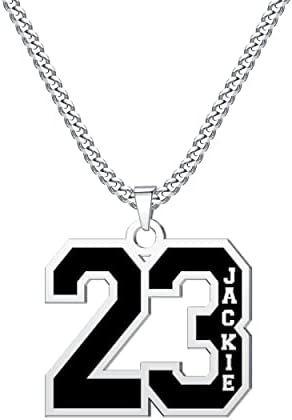 Q&Locket Number Necklace for Athletes Personalized with Name Sports Black Red Blue White Enamel Custom Number Chain Name Necklace for Boys Mens Womens Girls 0.7, 0.9 and 1.2 inch