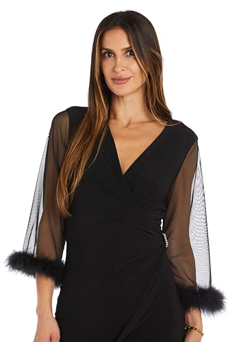 Image of Elegant Feather Trim Wrap Mini Dress W /Illusion Long Sleeves, Ruched Waist & Rhinestone Brooch