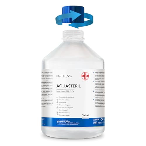 AIESI® Suero fisiologico solution salina para lavado nasale, nebulizador e irrigación 500 ml con tapón resellable AQUASTERIL, Cloruro de sodio al 0,9%