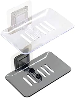 Lakifmo Soap Dish, Wall Mounted Soap Bar Holder with Drainage, Plastic Soap Dishes for Bathroom Shower, No Drilling Soap Tray, Clear & Black, 2 Pack