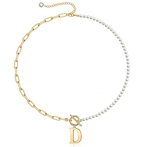 TINGN Collier Perle Femme Or Bijoux, 14K Trombone Plaqué Or Collier de Pendentif Femme de Boutons Collier Lettre Choker Collier Perle Femme Or Bijoux pour Femmes Lettre D Cover