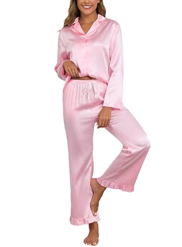 Image of Veseacky Women Satin Pajamas Set 2 Piece Button Down Short Sleeve Soft Sleepwear with Pockets