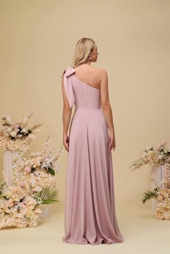 One Shoulder Bridesmaid Dress with Bow 2025 Satin A-Line Pleated Corset High Split Wedding Guest Dress4
