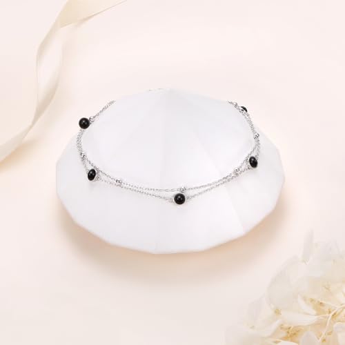 Image of Flyow Anklet for Women S925 Sterling Silver Adjustable Foot Beaded Heart Charm Ankle Bracelet Anklets Jewelry