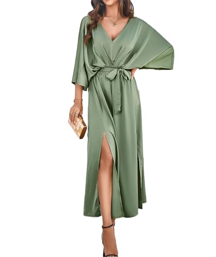 Image of SEMATOMALA Women's Satin Batwing Sleeve Cocktail Evening A Line Long Dress V Neck Ruched Loose Maxi Dress