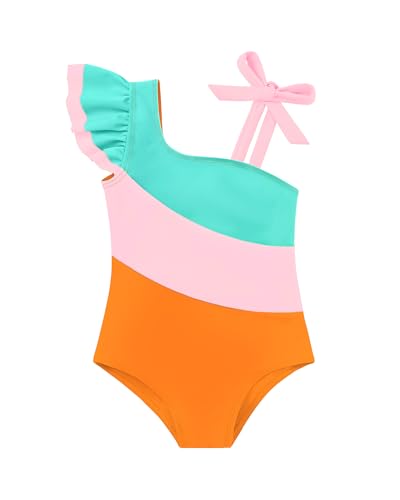 Image of Redair Toddler Girl One Piece Swimsuit Color Block with Ruffled Sleeve Straps Swimwear Bathing Suit for Baby Girl 12M-6Years