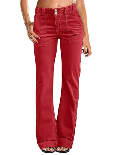 Flamingals Women's Wide Leg Pants for Women Mid Waist Dress Flare Straight Leg Corduroy Pants Workout Jeans Trendy Red L