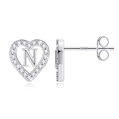 Image of Anoup Heart Initial Earrings for Girls Gifts - S925 Sterling Silver Post CZ Hypoallergenic Stud Initial Earrings for Women Teen Girls Birthday Gifts for Kids Jewelry