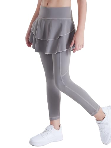 DIPUG 2 in 1 Girls Leggings with Side Pockets Ruffle Skirt Stretchy Comfortable for School and Sports