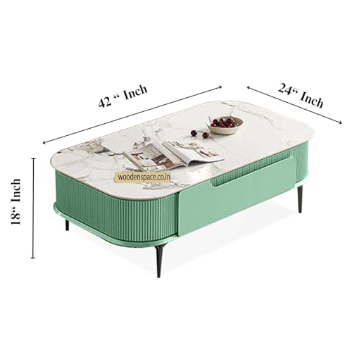 Image of WOODEN SPACE Premium Marble-Top Wooden Center Table for Living Room | Iron Legs | PVD Coating | Modern Entryway Furniture | Coffee Table - 42X24X18 in (Light Green)