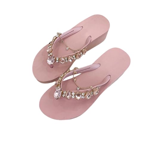 DYJAGYO Women's Rhinestone Chain Platform Wedge Flip Flop Sandals,Women's Rhinestone Flip Flops,Fashion Flip Flop Sandals for Parties and Weddings