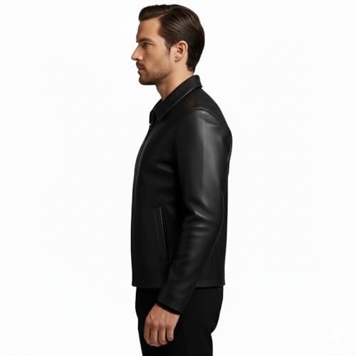 Image of Midnight Men's Premium Black Faux Leather Jacket with Front Zip Closure, Classic Collar, Sleek Minimal Design, Everyday Comfort and Timeless Style Fit