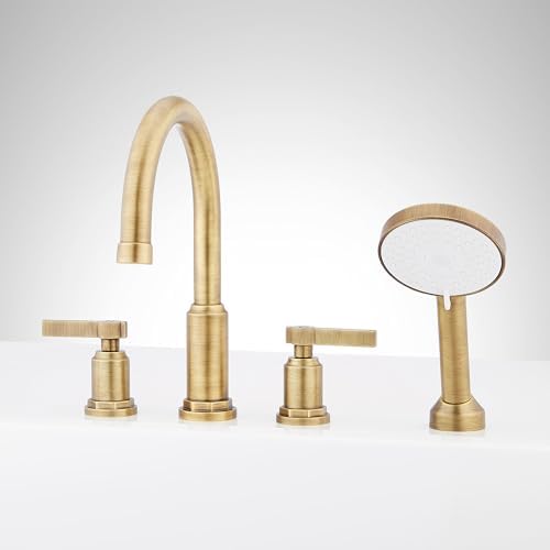 Signature Hardware 955163-LV Greyfield Deck Mounted Roman Tub Filler with Hand Shower - Less Rough-In Valve - Aged Brass