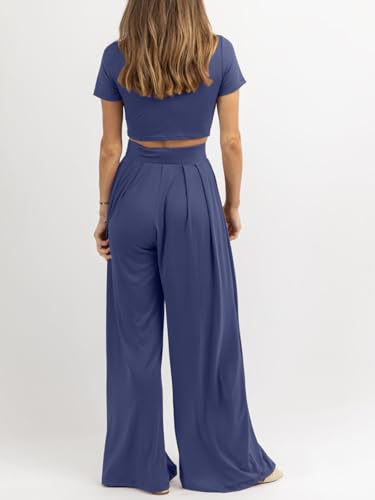 Image of PEIARA Womens 2 Piece Lounge Sets Summer Short Sleeve Crop Top Two Piece Outfit Wide Leg Palazzo Pants Set Matching Tracksuit