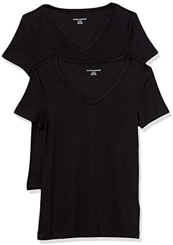 Amazon Essentials Women's Slim-Fit Short-Sleeve V-Neck T-Shirt, Pack of 2, Black, Small