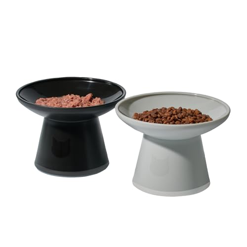 Necoichi 2pcs Extra Wide Elevated Cat Food Bowls – BPA-Free Plastic Raised Bowls to Reduce Whisker & Neck Fatigue – Dishwasher Safe – Non-Slip, Anti-Vomiting Ergonomic Design (Urban Fog)